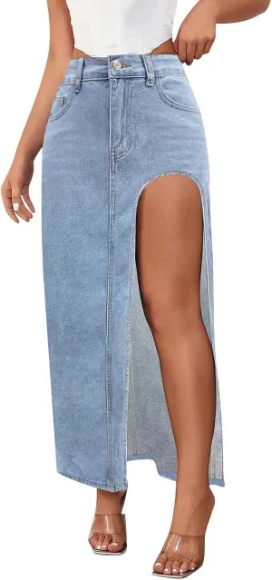 Women's Summer Casual Midi Denim Skirt High Waist Solid Split Skirts