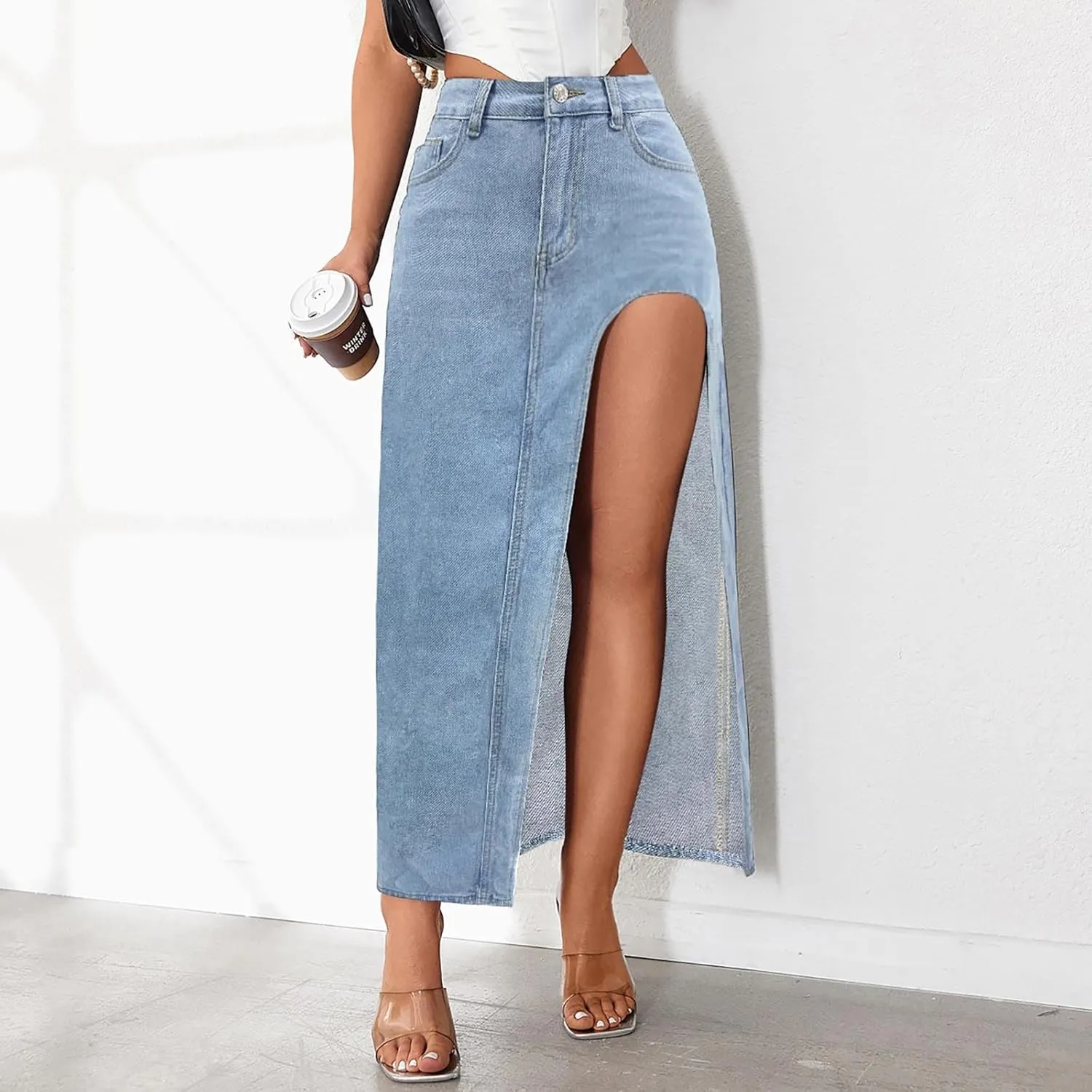 Women's Summer Casual Midi Denim Skirt High Waist Solid Split Skirts