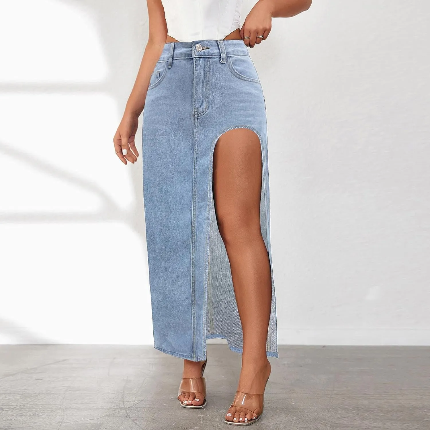 Women's Summer Casual Midi Denim Skirt High Waist Solid Split Skirts