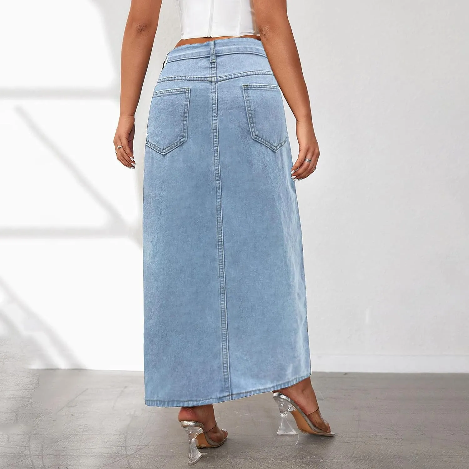 Women's Summer Casual Midi Denim Skirt High Waist Solid Split Skirts