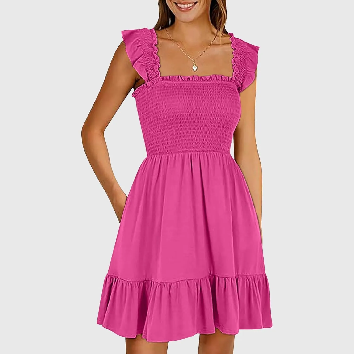 Women's Summer Casual Sleeveless Square Neck Dress Smocked Ruffle Backless Boho Beach Cute Teen Short Sundress 2025