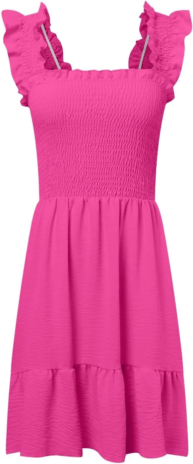 Women's Summer Casual Sleeveless Square Neck Dress Smocked Ruffle Backless Boho Beach Cute Teen Short Sundress 2025
