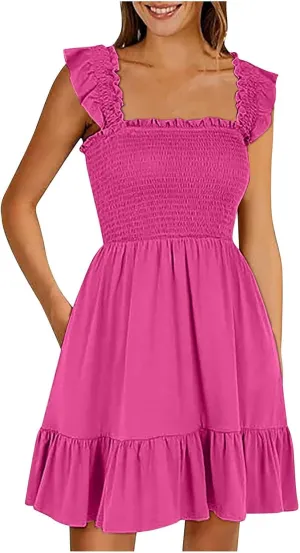 Women's Summer Casual Sleeveless Square Neck Dress Smocked Ruffle Backless Boho Beach Cute Teen Short Sundress 2025