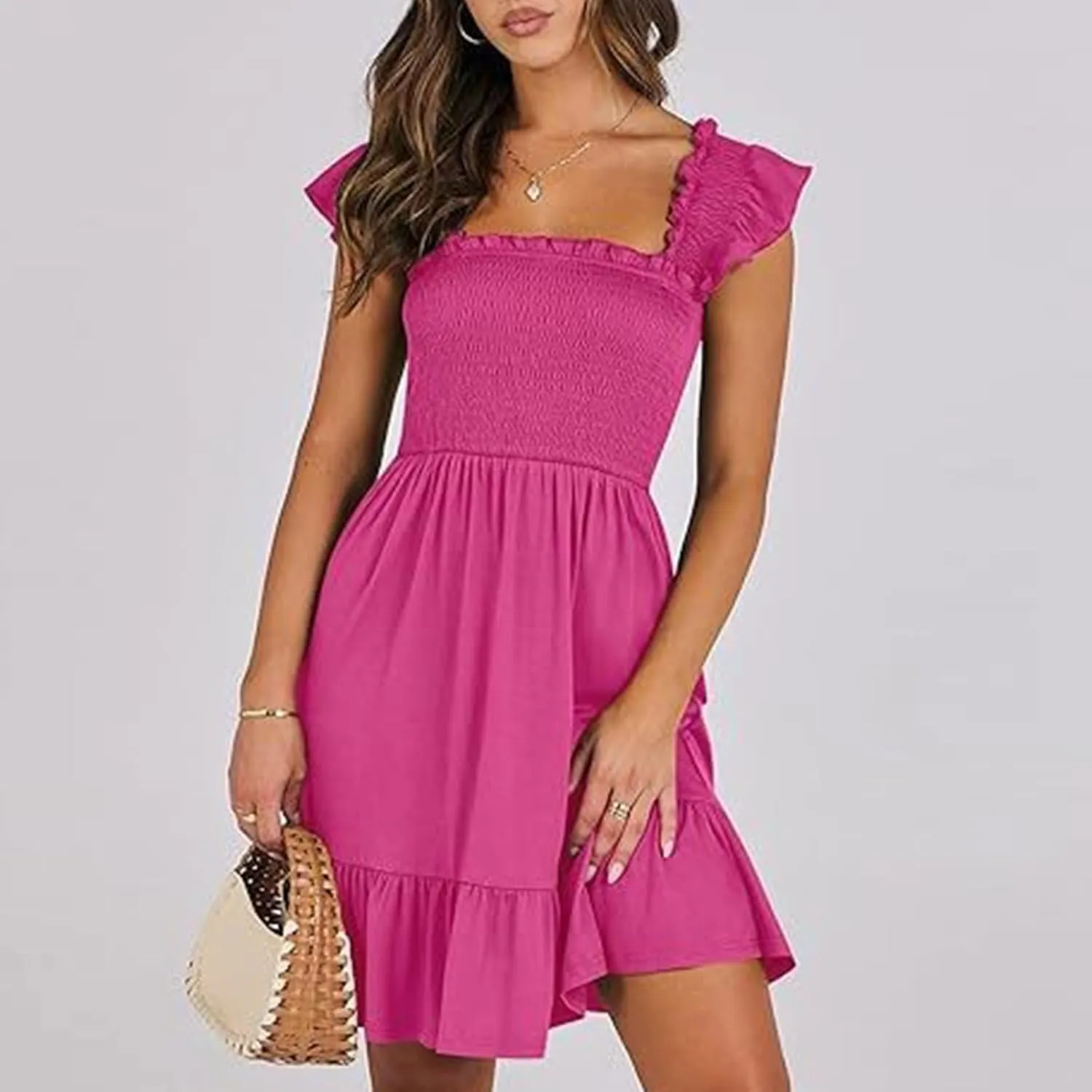 Women's Summer Casual Sleeveless Square Neck Dress Smocked Ruffle Backless Boho Beach Cute Teen Short Sundress 2025