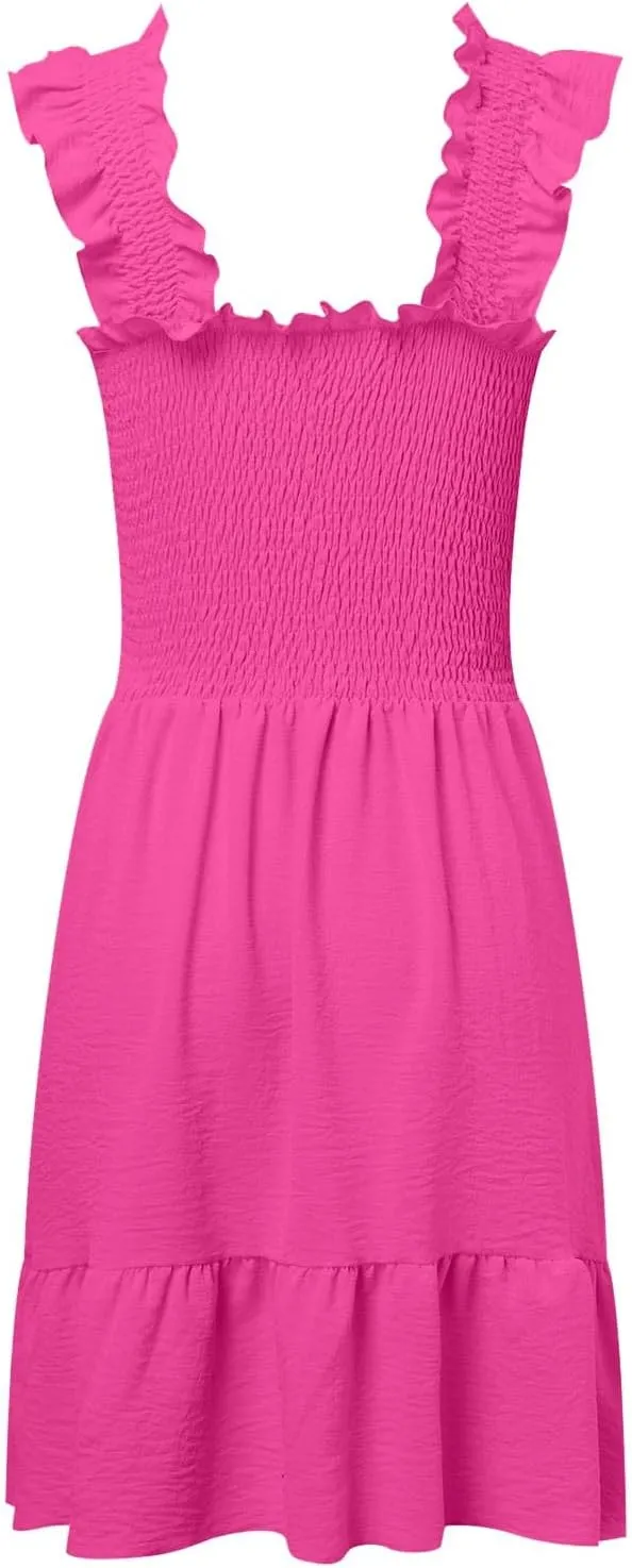 Women's Summer Casual Sleeveless Square Neck Dress Smocked Ruffle Backless Boho Beach Cute Teen Short Sundress 2025