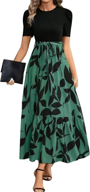 Women's Summer Casual Trendy Dress Short Sleeve Round Neck High Waist Elegant Floral Print Maxi Dresses, S-2XL