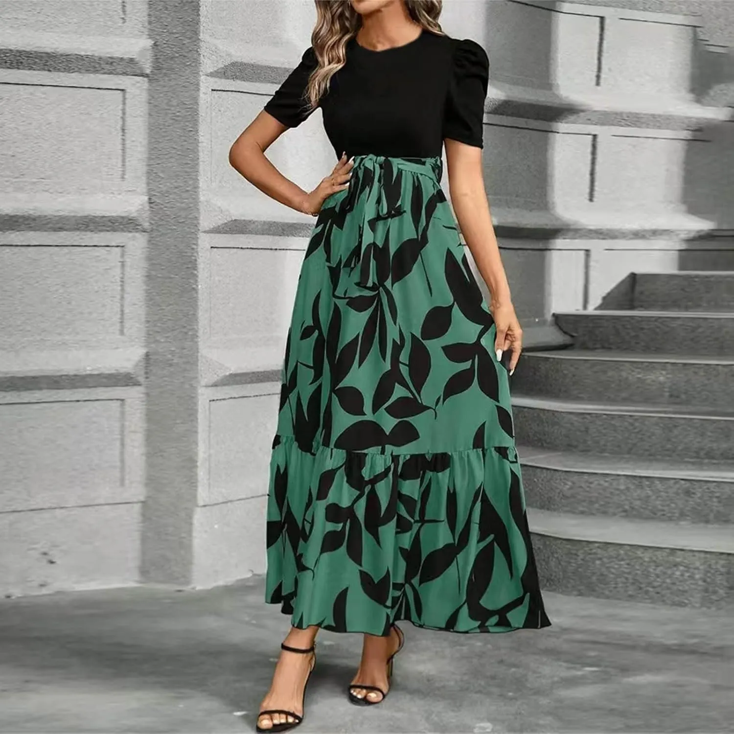 Women's Summer Casual Trendy Dress Short Sleeve Round Neck High Waist Elegant Floral Print Maxi Dresses, S-2XL