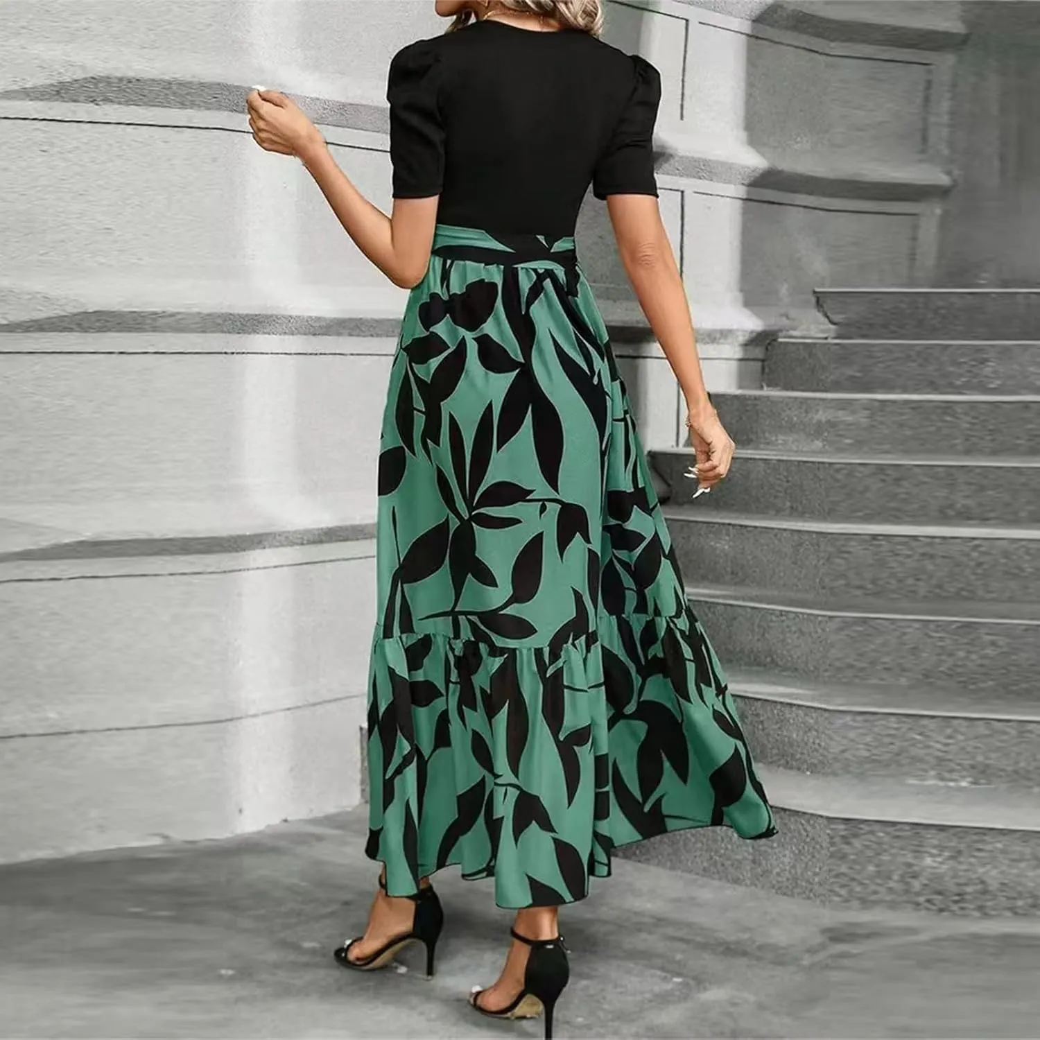 Women's Summer Casual Trendy Dress Short Sleeve Round Neck High Waist Elegant Floral Print Maxi Dresses, S-2XL