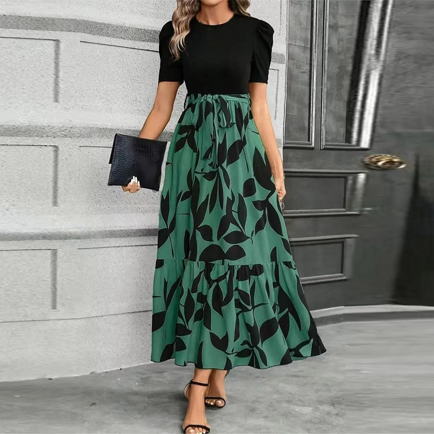 Women's Summer Casual Trendy Dress Short Sleeve Round Neck High Waist Elegant Floral Print Maxi Dresses, S-2XL