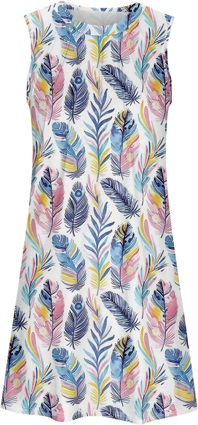 Women's Summer Casual U Neck Tank Top A Line Pleated Floral Print Sleeveless Loose Beach Vacation Mini Sundresses
