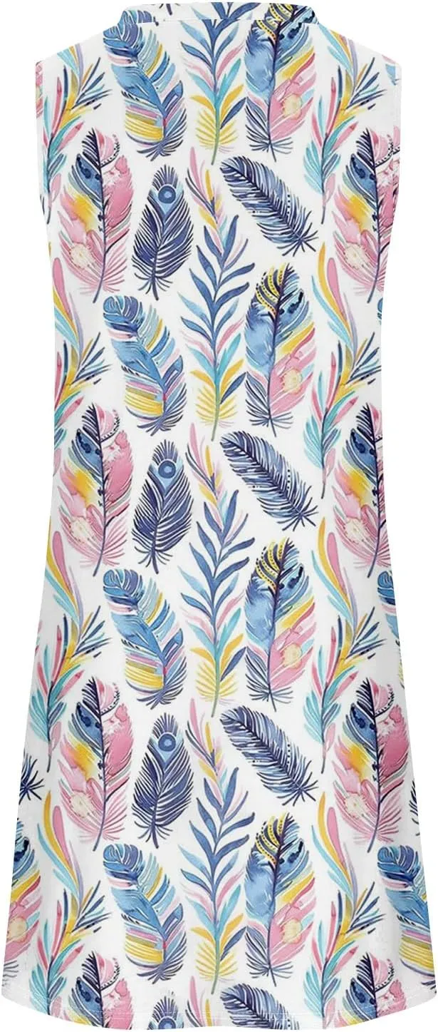 Women's Summer Casual U Neck Tank Top A Line Pleated Floral Print Sleeveless Loose Beach Vacation Mini Sundresses
