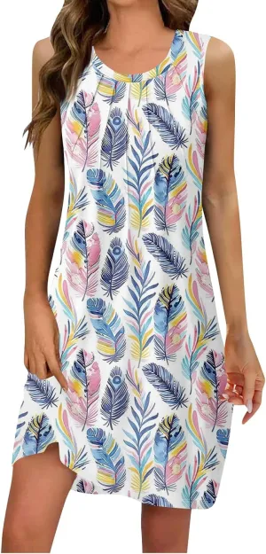 Women's Summer Casual U Neck Tank Top A Line Pleated Floral Print Sleeveless Loose Beach Vacation Mini Sundresses