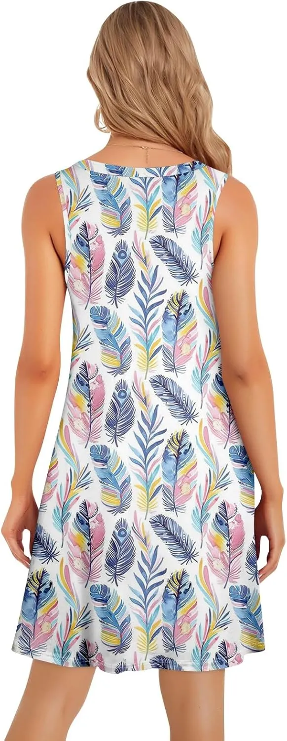 Women's Summer Casual U Neck Tank Top A Line Pleated Floral Print Sleeveless Loose Beach Vacation Mini Sundresses