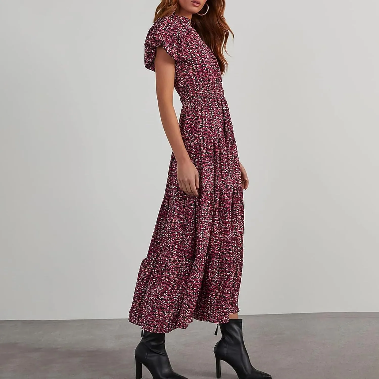 Women's Summer Casual V Neck Short Sleeve Ruffle Ruched Beach Boho Long Floral Maxi Dress Maxi Dress