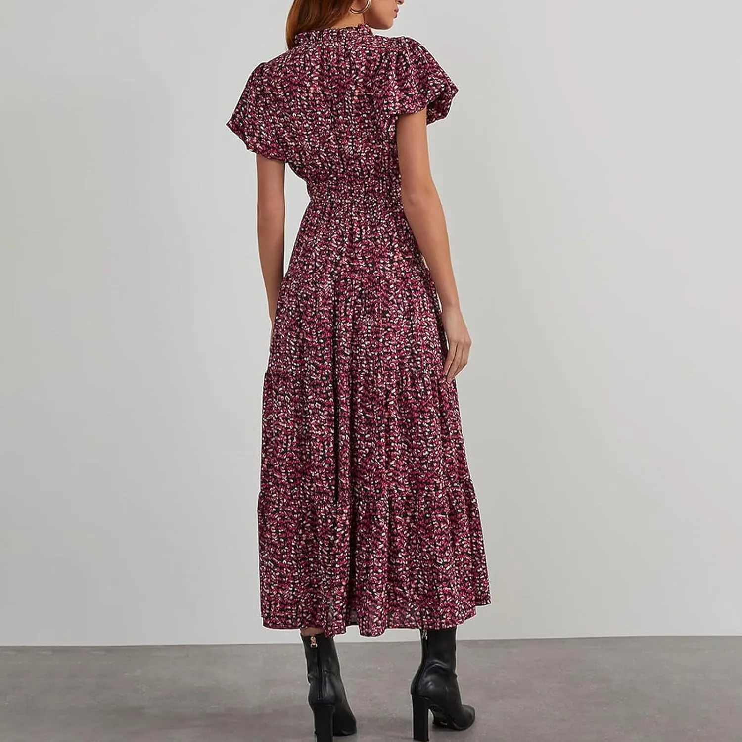 Women's Summer Casual V Neck Short Sleeve Ruffle Ruched Beach Boho Long Floral Maxi Dress Maxi Dress