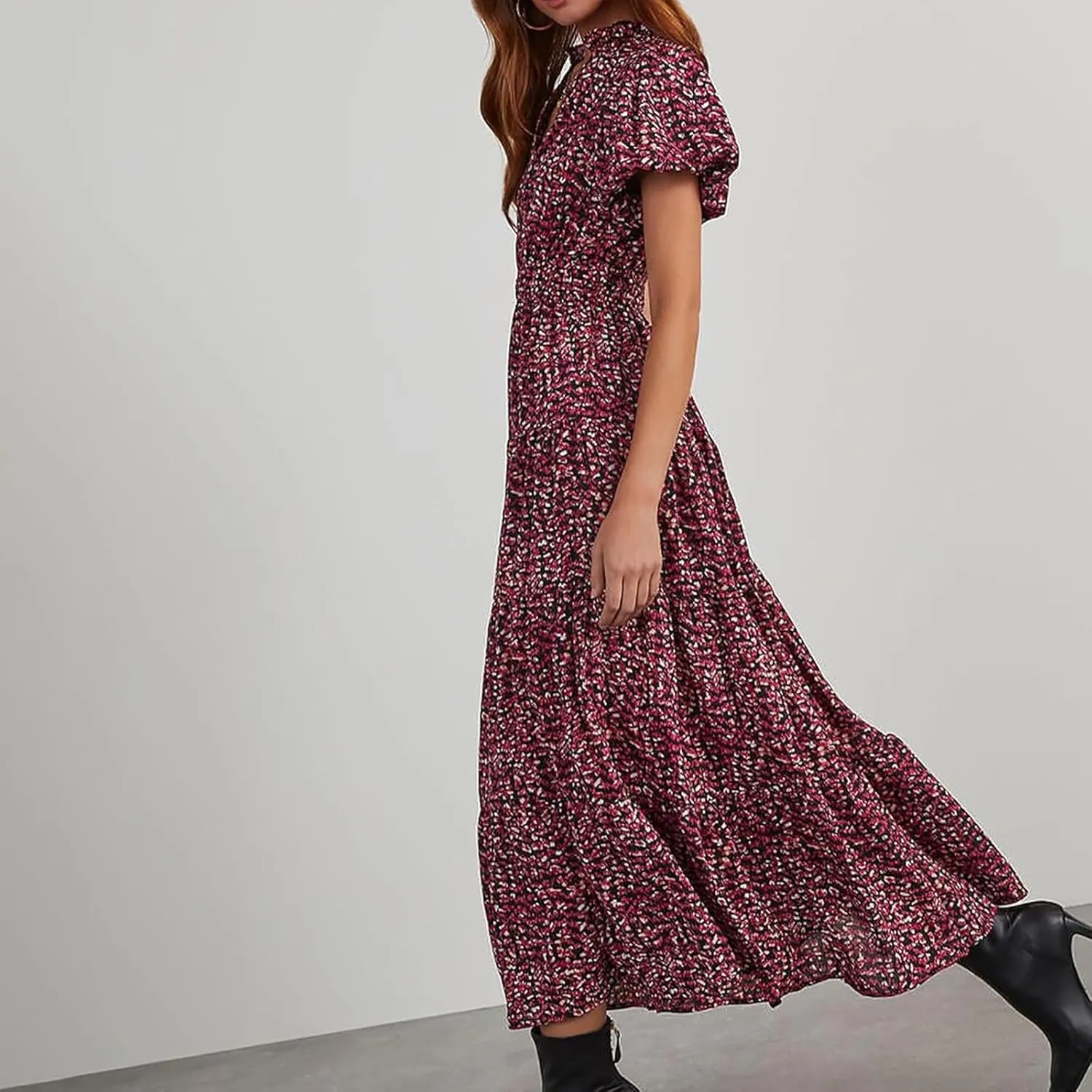 Women's Summer Casual V Neck Short Sleeve Ruffle Ruched Beach Boho Long Floral Maxi Dress Maxi Dress