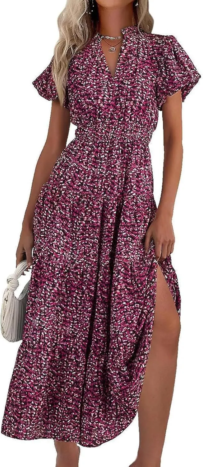 Women's Summer Casual V Neck Short Sleeve Ruffle Ruched Beach Boho Long Floral Maxi Dress Maxi Dress