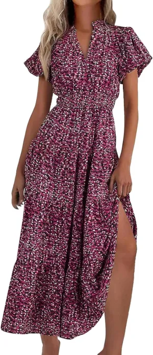 Women's Summer Casual V Neck Short Sleeve Ruffle Ruched Beach Boho Long Floral Maxi Dress Maxi Dress
