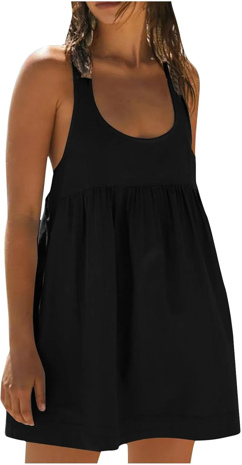 Womens Summer Casual V Neck Sleeveless Mini Dress 2024 Ruffle Swing Solid Color A Line Short Boho Sundresses