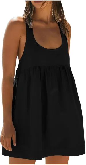 Womens Summer Casual V Neck Sleeveless Mini Dress 2024 Ruffle Swing Solid Color A Line Short Boho Sundresses