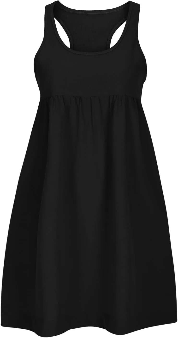 Womens Summer Casual V Neck Sleeveless Mini Dress 2024 Ruffle Swing Solid Color A Line Short Boho Sundresses