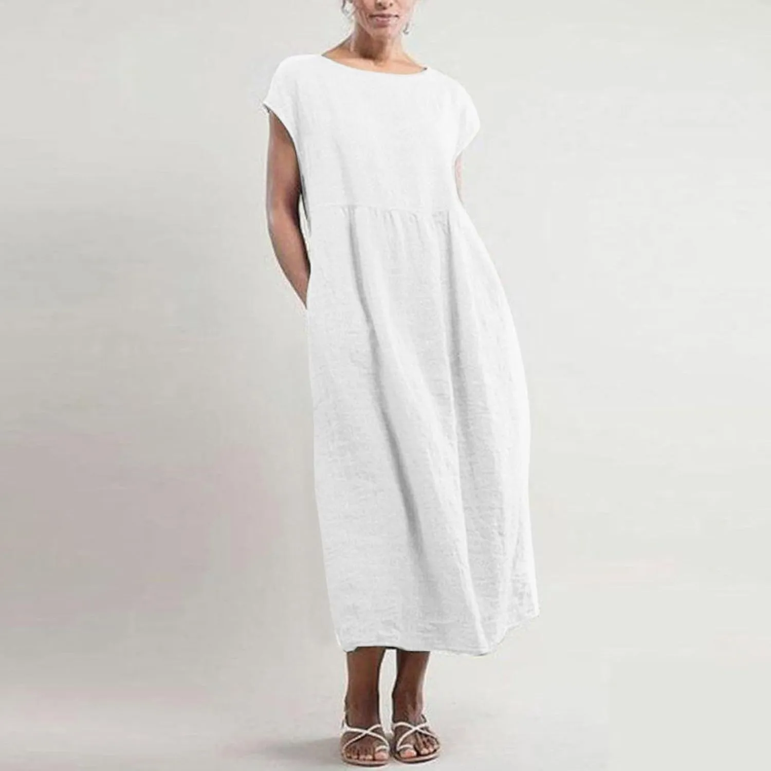 Women's Summer Cotton Linen Shirt Dress Short Sleeve Flowy Long Maxi Dresses Plus Size Vocation Party Dress