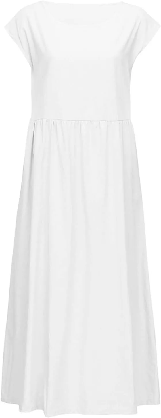 Women's Summer Cotton Linen Shirt Dress Short Sleeve Flowy Long Maxi Dresses Plus Size Vocation Party Dress