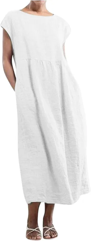 Women's Summer Cotton Linen Shirt Dress Short Sleeve Flowy Long Maxi Dresses Plus Size Vocation Party Dress