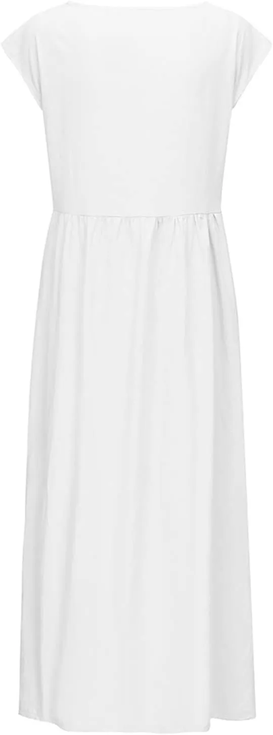 Women's Summer Cotton Linen Shirt Dress Short Sleeve Flowy Long Maxi Dresses Plus Size Vocation Party Dress