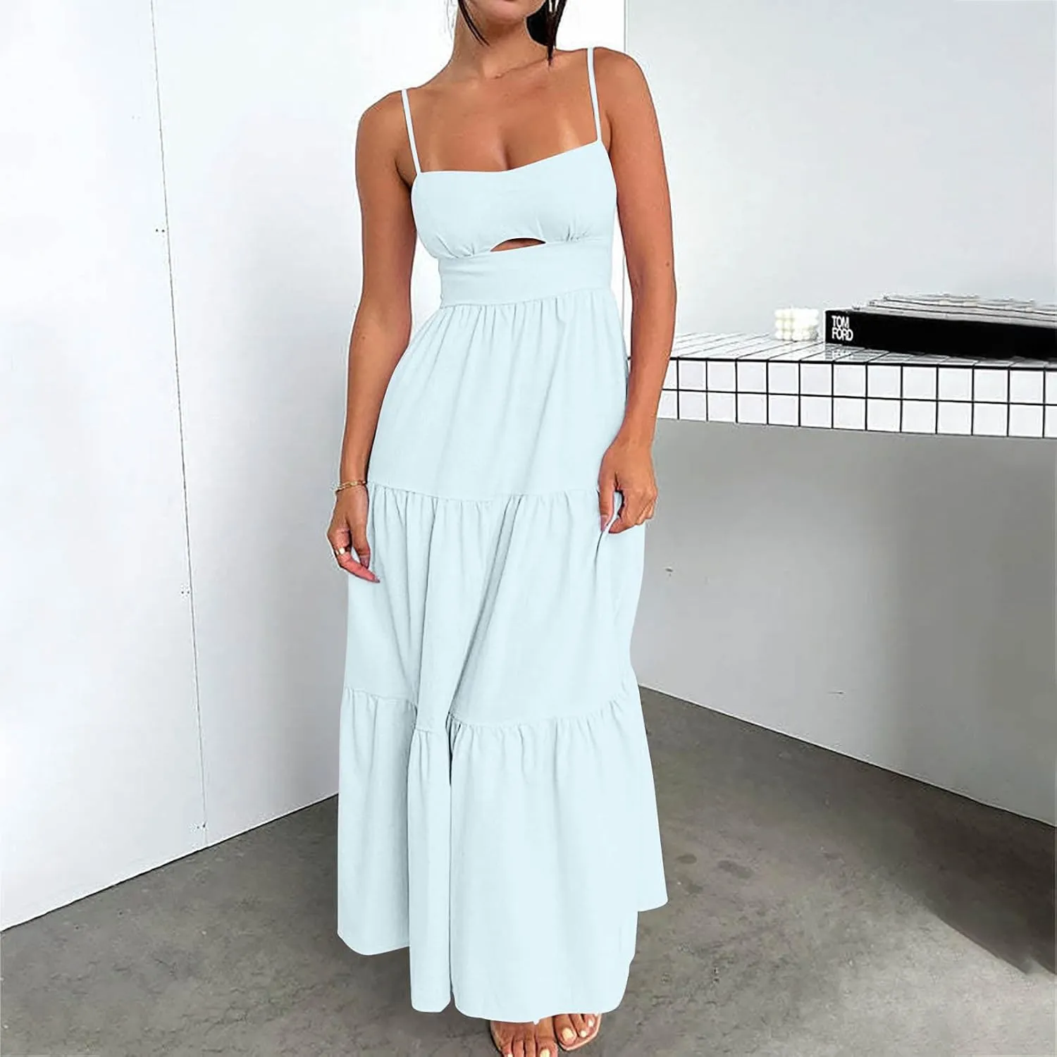 Women's Summer Cutout Maxi Dress Casual Boho Sleeveless Spaghetti Strap Long Beach Dress Smocked Tiered Sun Dresses