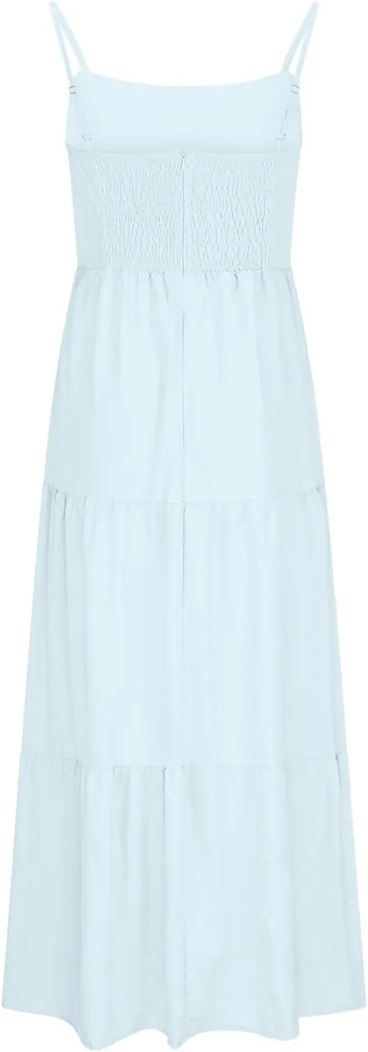 Women's Summer Cutout Maxi Dress Casual Boho Sleeveless Spaghetti Strap Long Beach Dress Smocked Tiered Sun Dresses