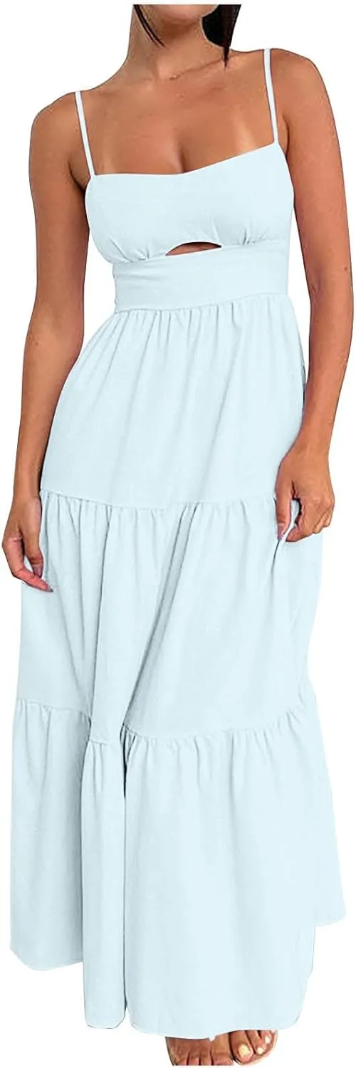 Women's Summer Cutout Maxi Dress Casual Boho Sleeveless Spaghetti Strap Long Beach Dress Smocked Tiered Sun Dresses