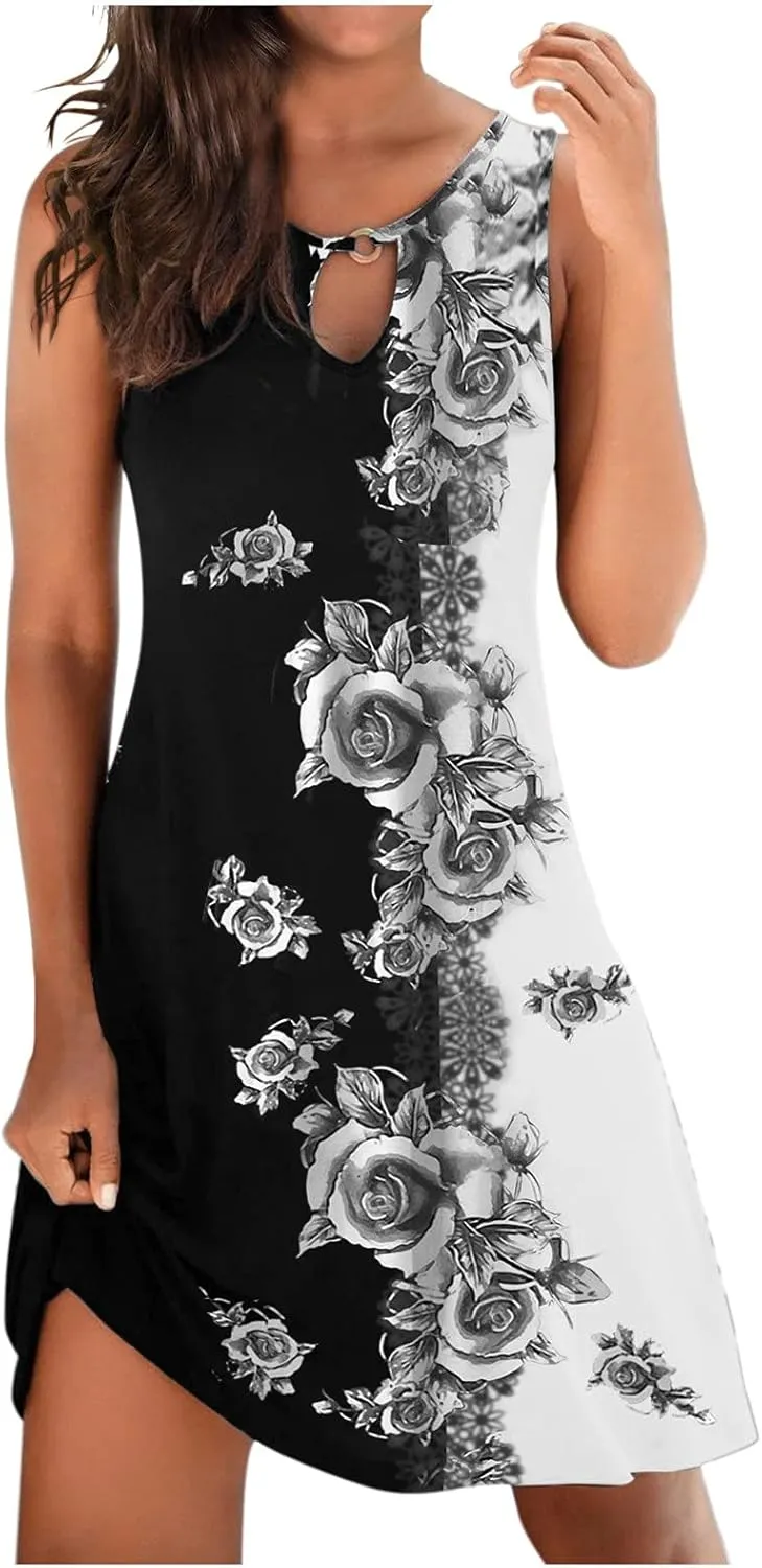 Women's Summer Dress Casual Sundresses Sleeveless Crew Neck Mini Short Dress Printed A-Line Boho Beach Dresses