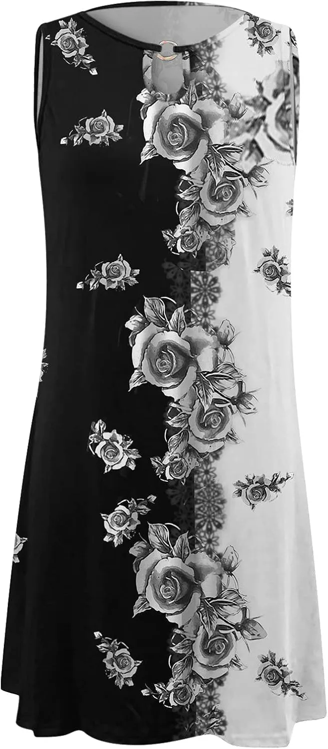 Women's Summer Dress Casual Sundresses Sleeveless Crew Neck Mini Short Dress Printed A-Line Boho Beach Dresses