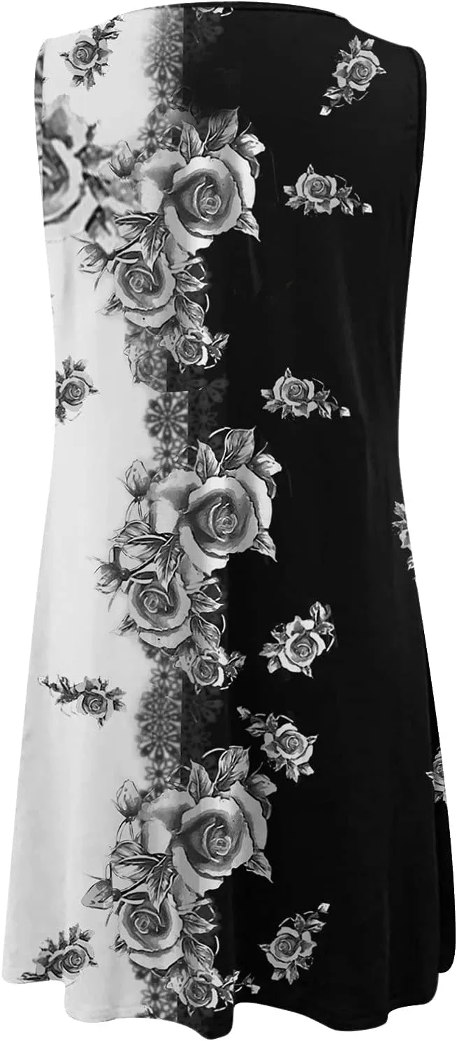 Women's Summer Dress Casual Sundresses Sleeveless Crew Neck Mini Short Dress Printed A-Line Boho Beach Dresses