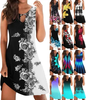 Women's Summer Dress Casual Sundresses Sleeveless Crew Neck Mini Short Dress Printed A-Line Boho Beach Dresses