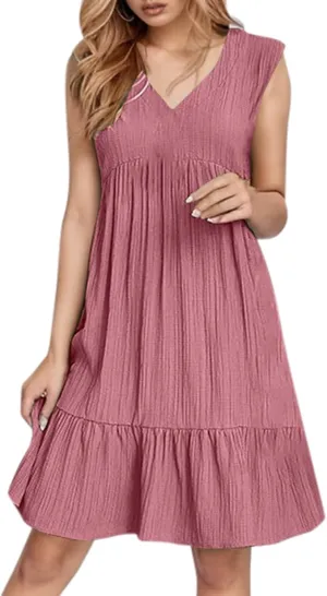 Womens Summer Dress Sleeveless V Neck Mini Dresses Fashion Casual Flowy Boho Ruffle A Line Swing Sundress 2025