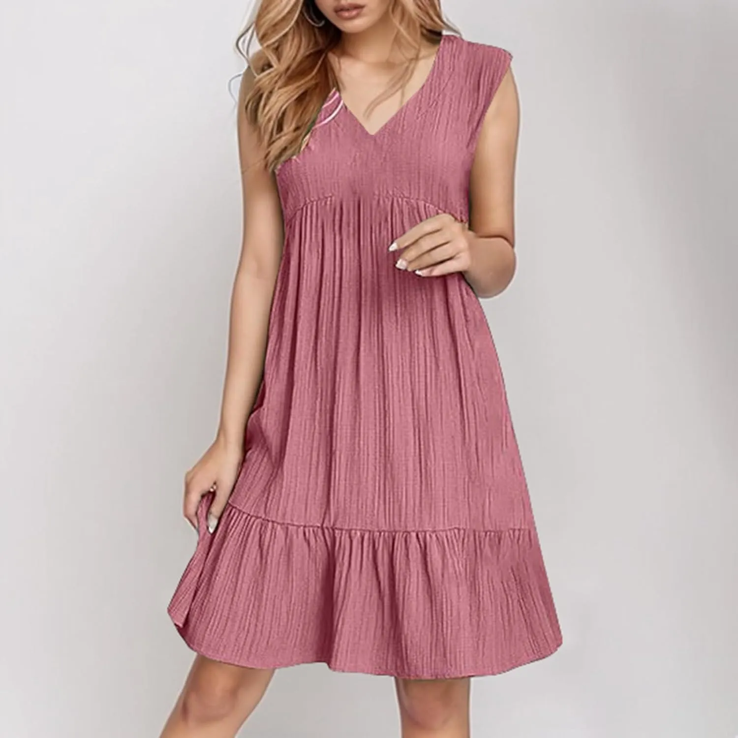 Womens Summer Dress Sleeveless V Neck Mini Dresses Fashion Casual Flowy Boho Ruffle A Line Swing Sundress 2025