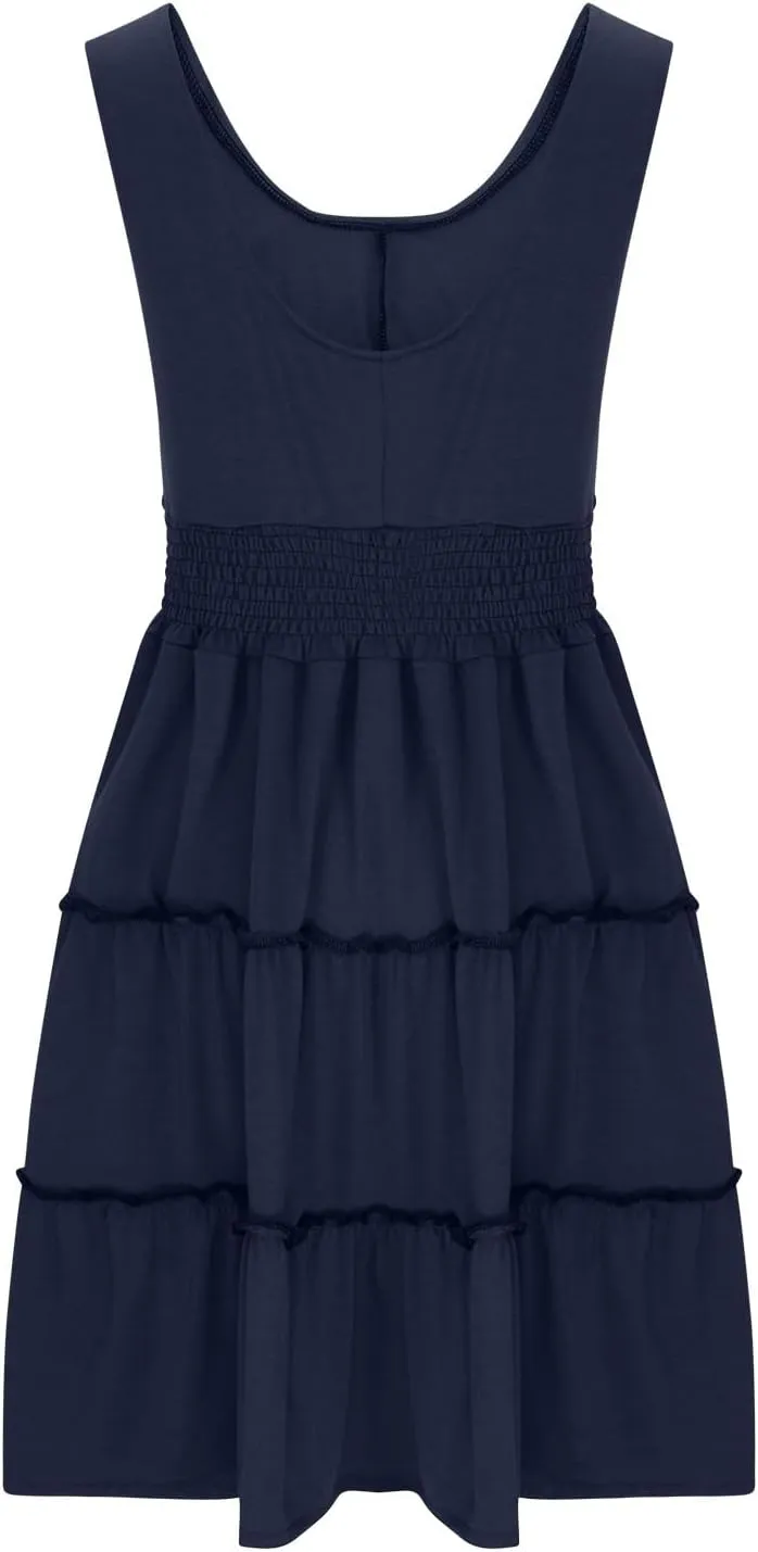 Womens Summer Dresses 2024 Sleeveless Button Down Smocked Elastic Waist Ruffle Tiered Casual Swing Solid Mini Dress