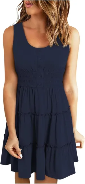 Womens Summer Dresses 2024 Sleeveless Button Down Smocked Elastic Waist Ruffle Tiered Casual Swing Solid Mini Dress