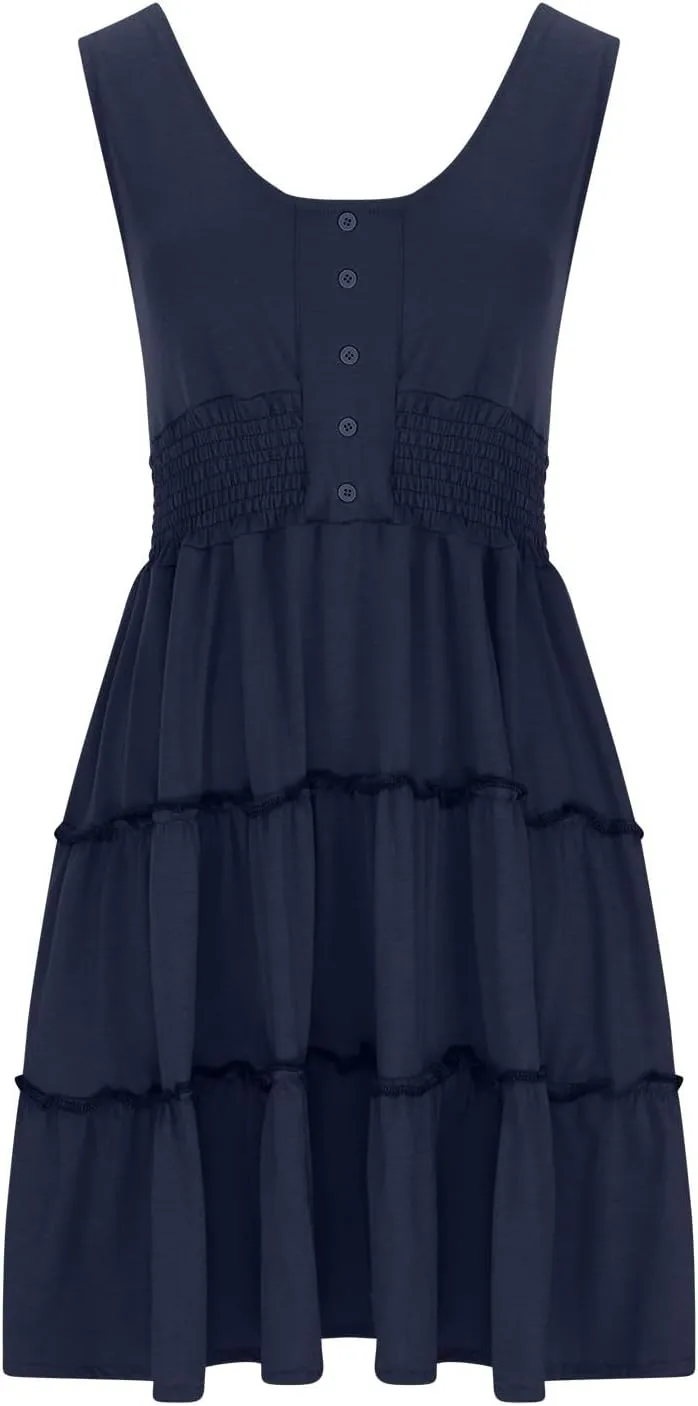 Womens Summer Dresses 2024 Sleeveless Button Down Smocked Elastic Waist Ruffle Tiered Casual Swing Solid Mini Dress