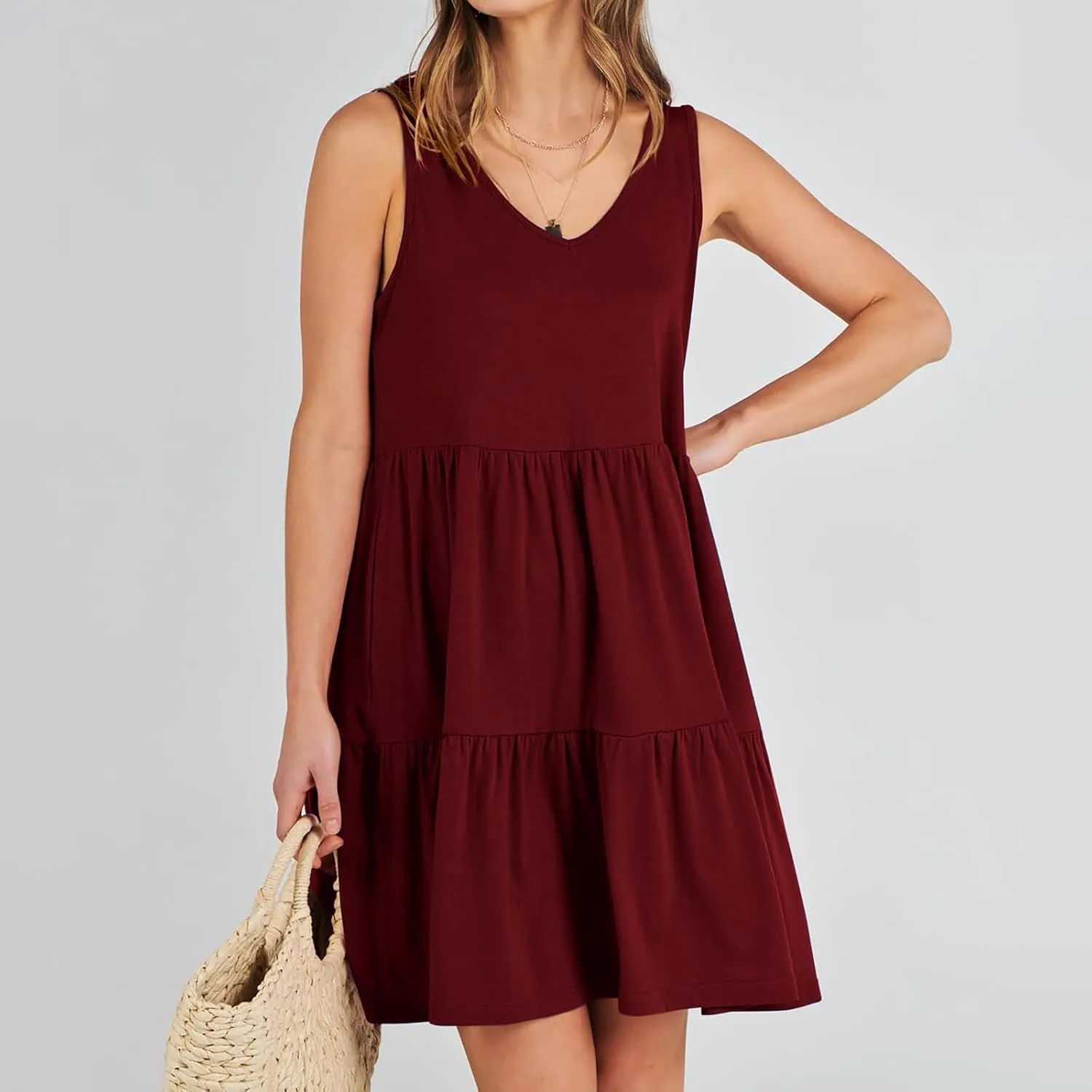 Womens Summer Dresses 2024 Sleeveless Smocked High Waist Ruffle Tiered Casual Swing Mini Dress Trendy Solid Sundress