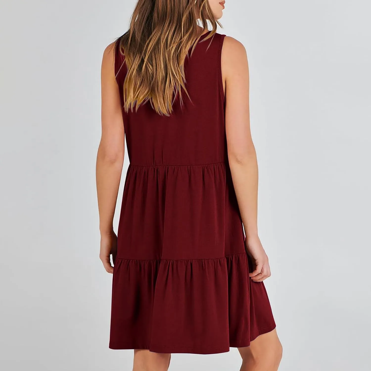 Womens Summer Dresses 2024 Sleeveless Smocked High Waist Ruffle Tiered Casual Swing Mini Dress Trendy Solid Sundress