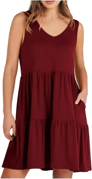 Womens Summer Dresses 2024 Sleeveless Smocked High Waist Ruffle Tiered Casual Swing Mini Dress Trendy Solid Sundress