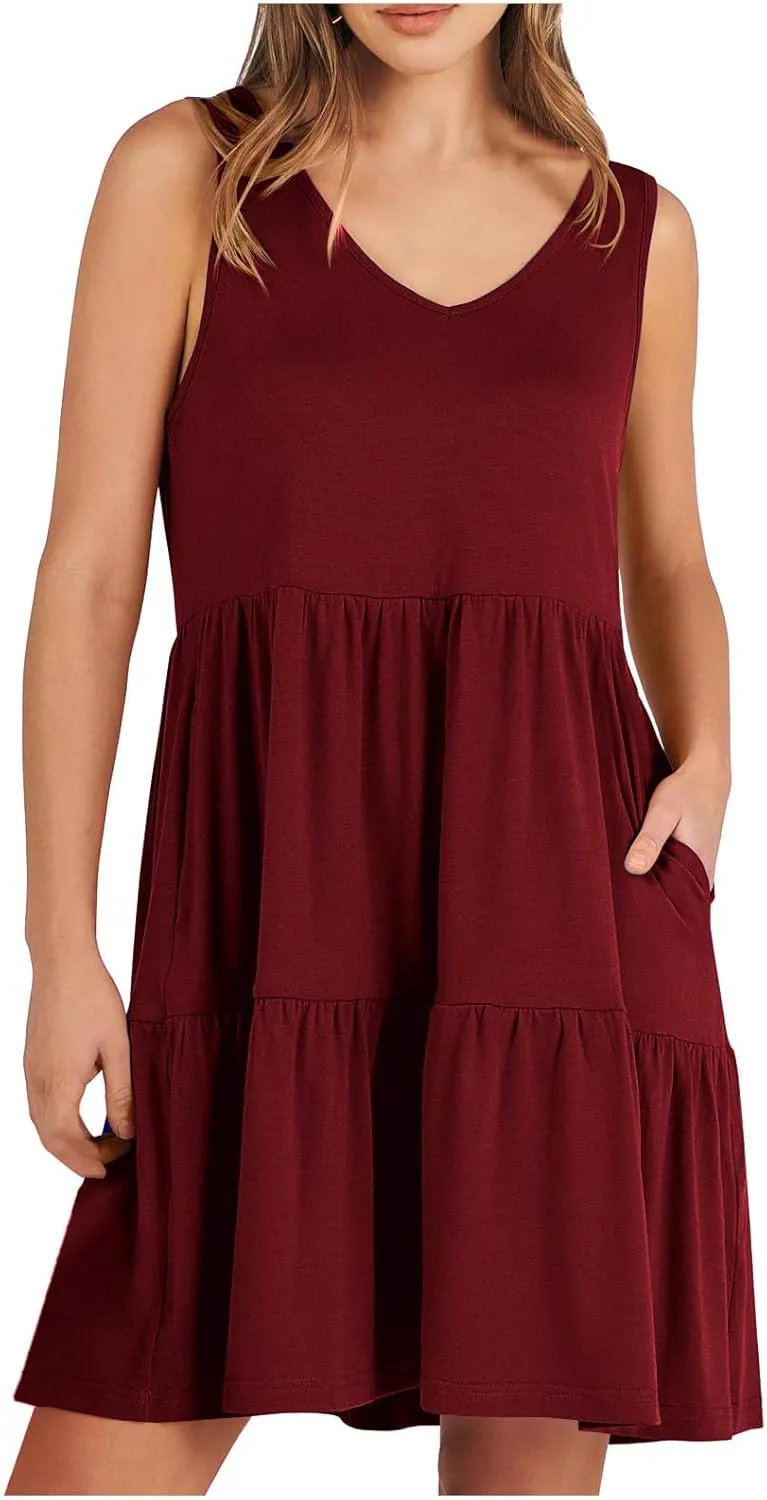 Womens Summer Dresses 2024 Sleeveless Smocked High Waist Ruffle Tiered Casual Swing Mini Dress Trendy Solid Sundress
