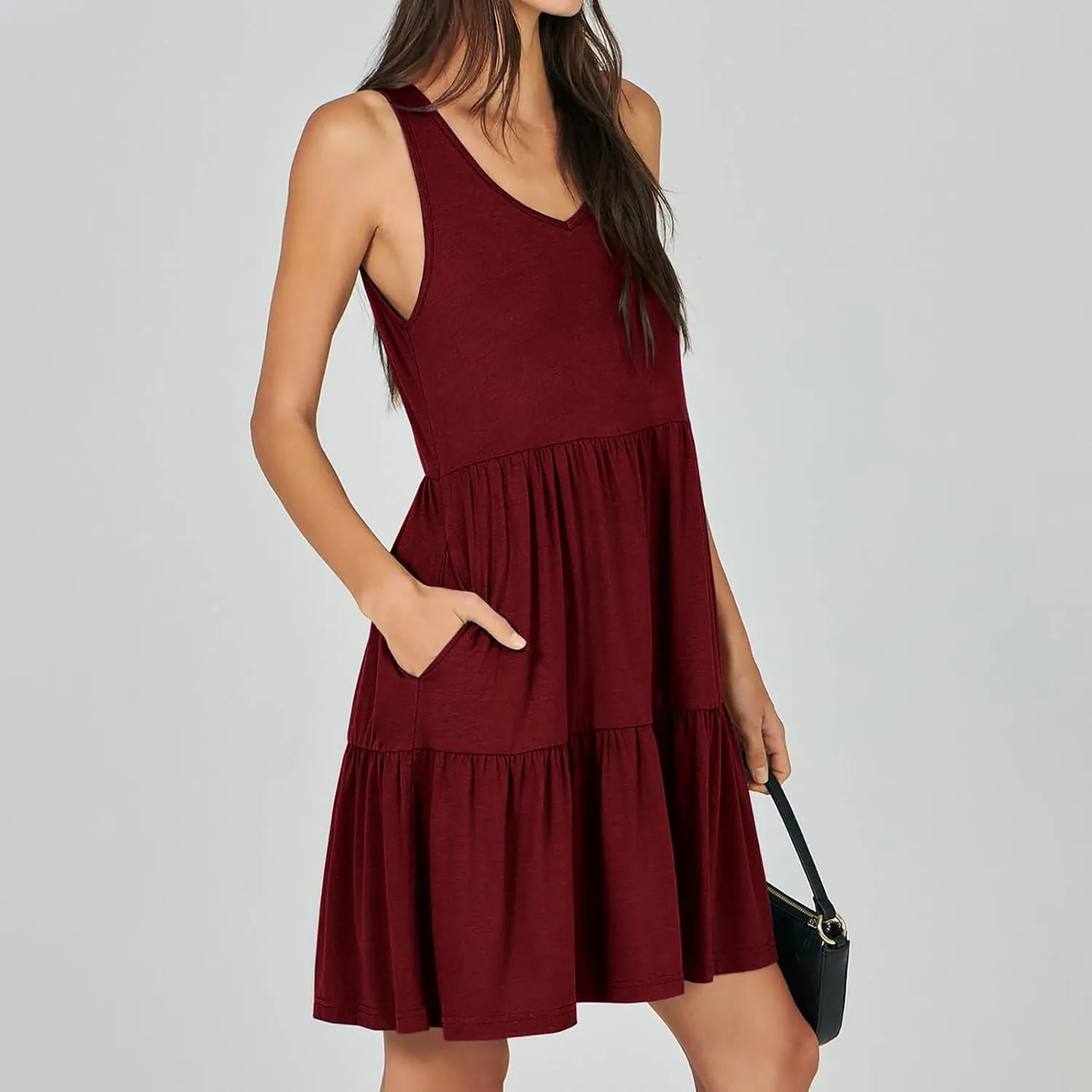Womens Summer Dresses 2024 Sleeveless Smocked High Waist Ruffle Tiered Casual Swing Mini Dress Trendy Solid Sundress
