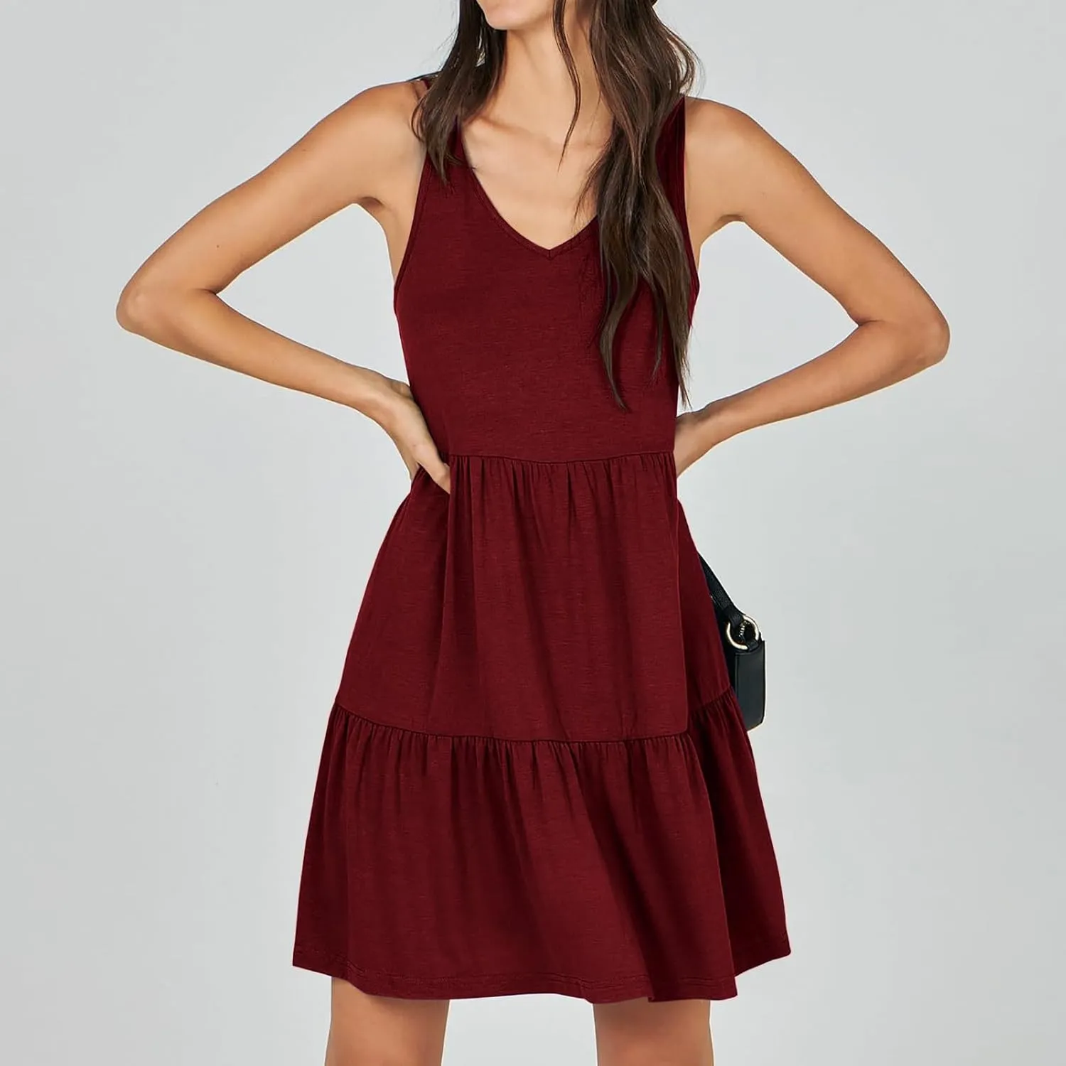 Womens Summer Dresses 2024 Sleeveless Smocked High Waist Ruffle Tiered Casual Swing Mini Dress Trendy Solid Sundress