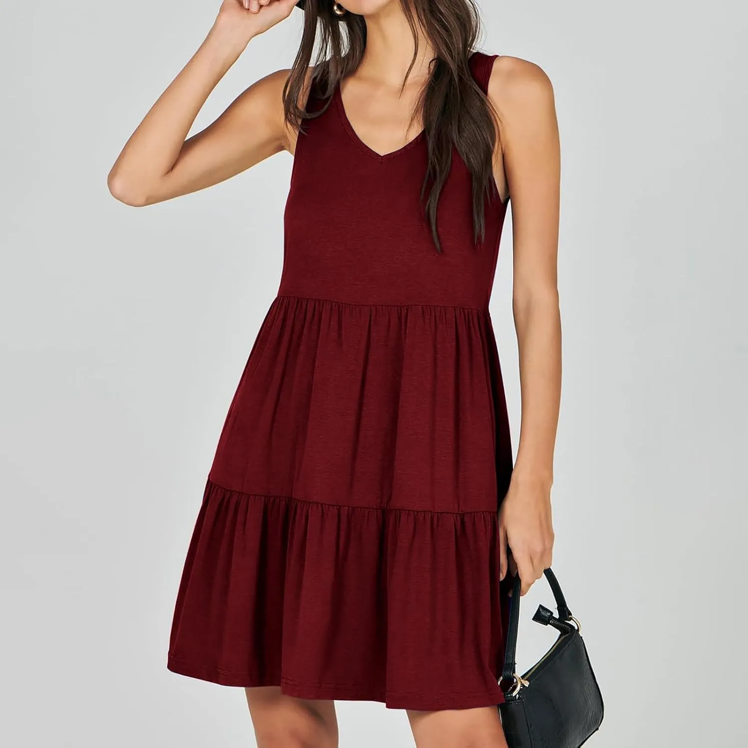 Womens Summer Dresses 2024 Sleeveless Smocked High Waist Ruffle Tiered Casual Swing Mini Dress Trendy Solid Sundress