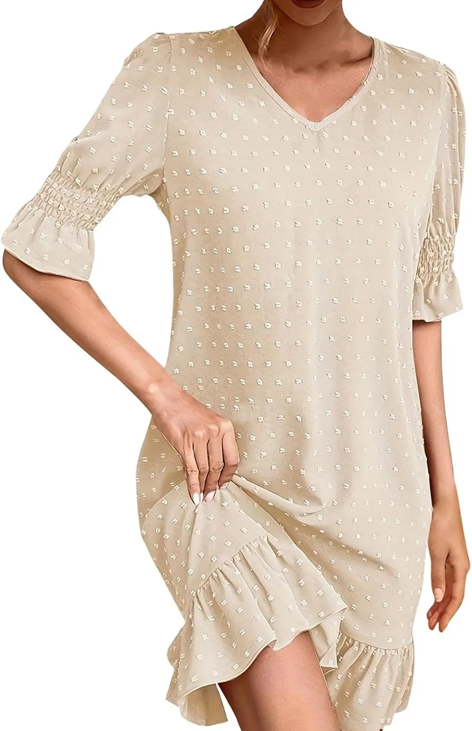Womens Summer Dresses 2025 Casual Loose Fit Ruffled Hem Beach Dress Trendy Swiss Dots Short Sleeve V Neck Mini Dress