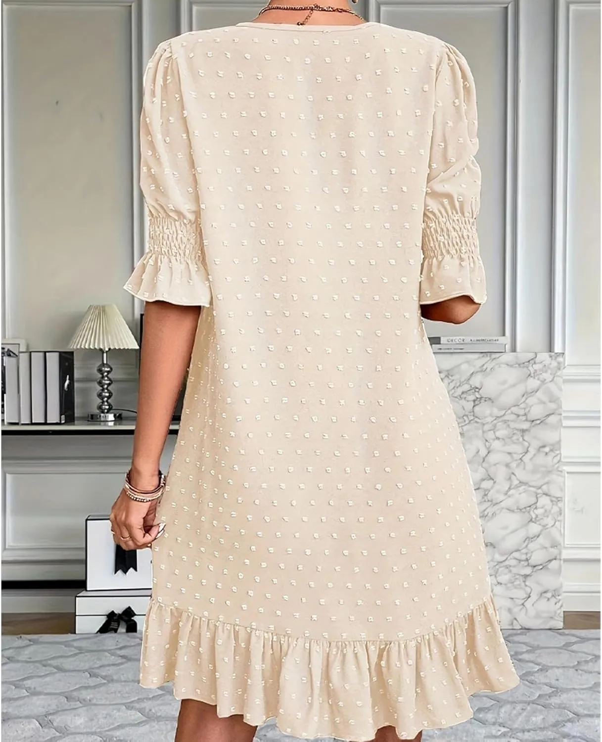 Womens Summer Dresses 2025 Casual Loose Fit Ruffled Hem Beach Dress Trendy Swiss Dots Short Sleeve V Neck Mini Dress